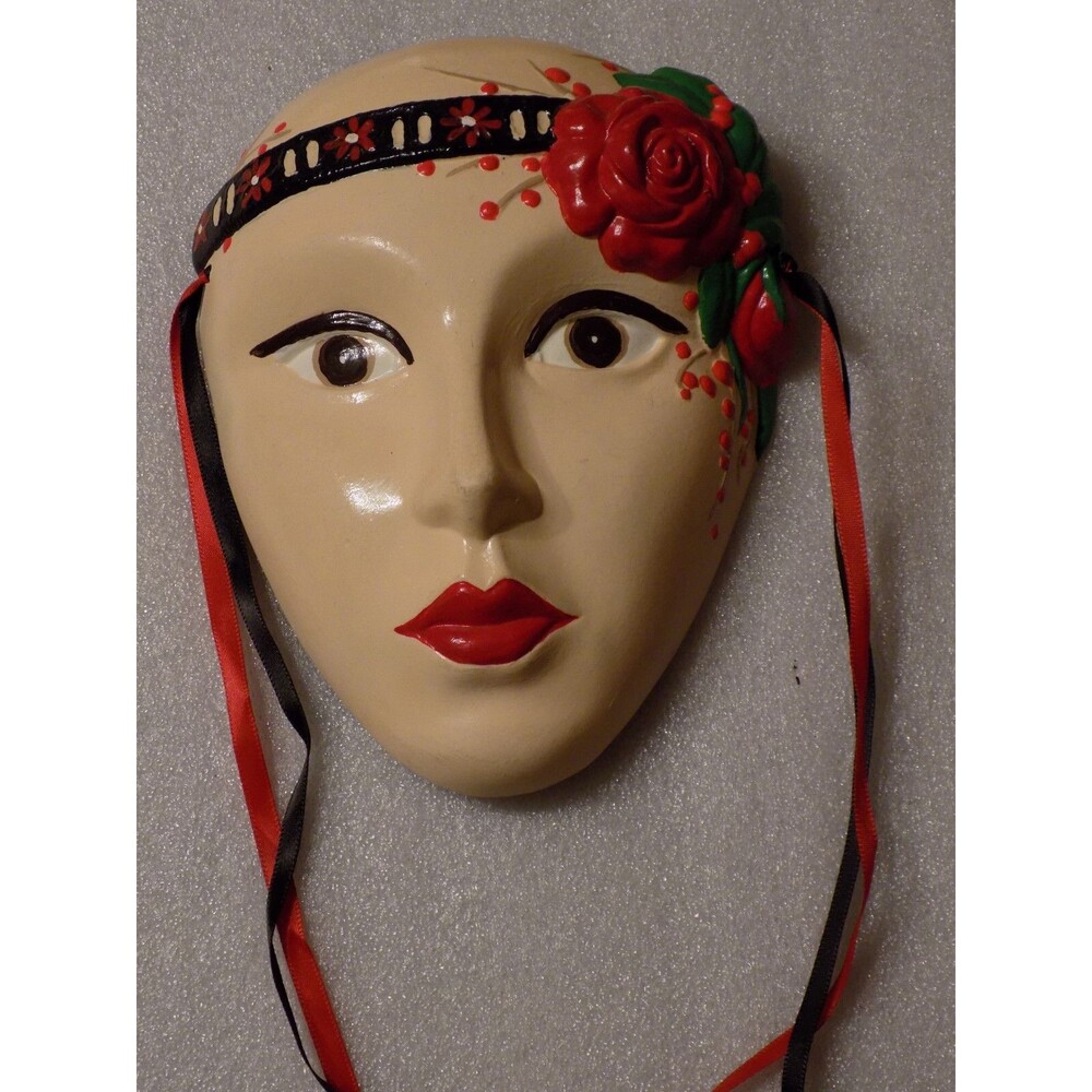 Women Vintage Art Ceramic Painted Wall Mask Lady Face & Red Rose Flower